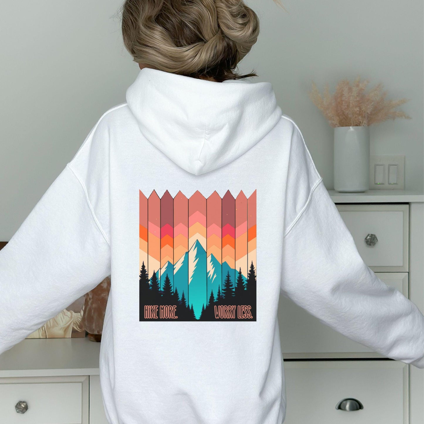 Hike More, Worry Less Hoodie with beautiful Mountain Graphic - Front and back Printed Sweatshirt