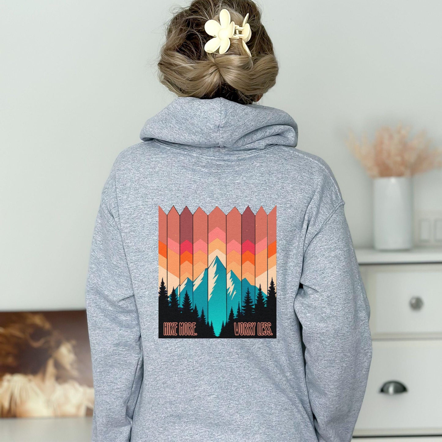 Hike More, Worry Less Hoodie with beautiful Mountain Graphic - Front and back Printed Sweatshirt