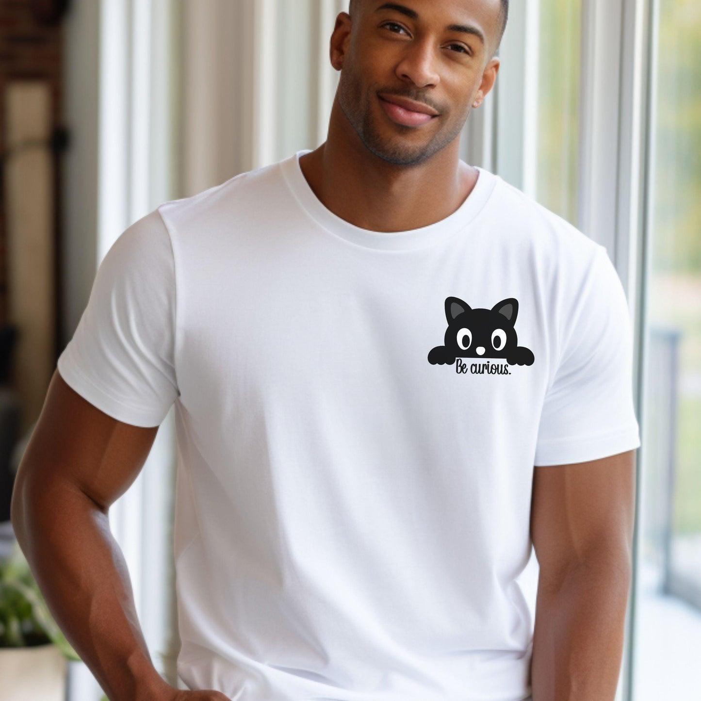 “Be Curious” Peaking Black Cat Shirt