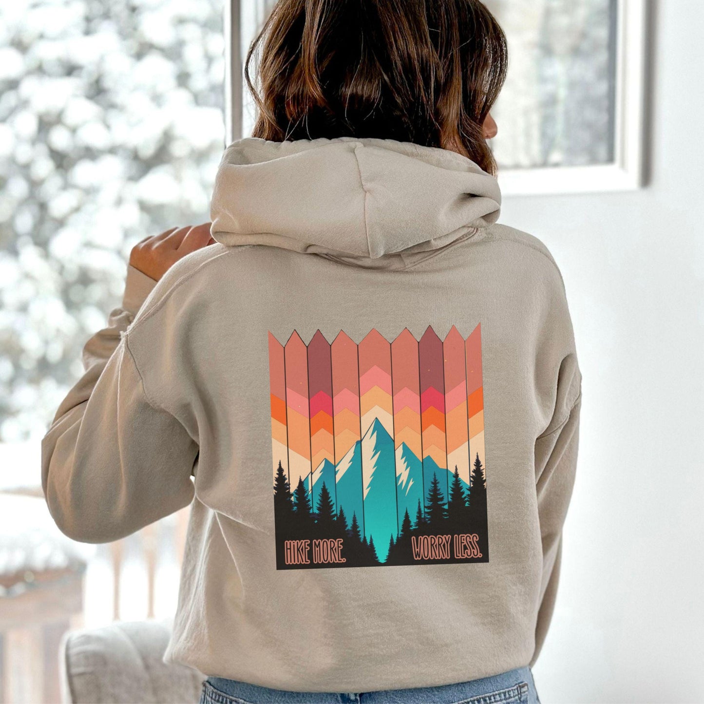 Hike More, Worry Less Hoodie with beautiful Mountain Graphic - Front and back Printed Sweatshirt