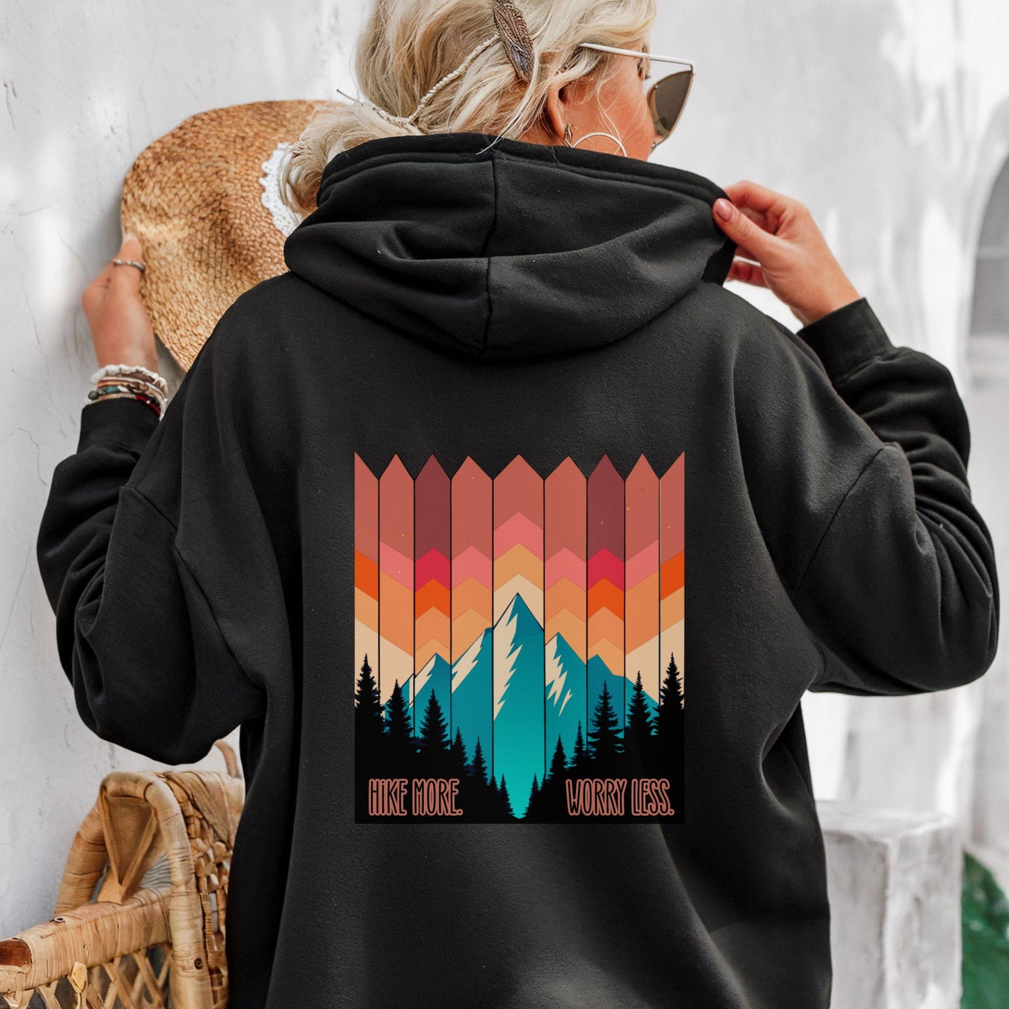 Hike More, Worry Less Hoodie with beautiful Mountain Graphic - Front and back Printed Sweatshirt