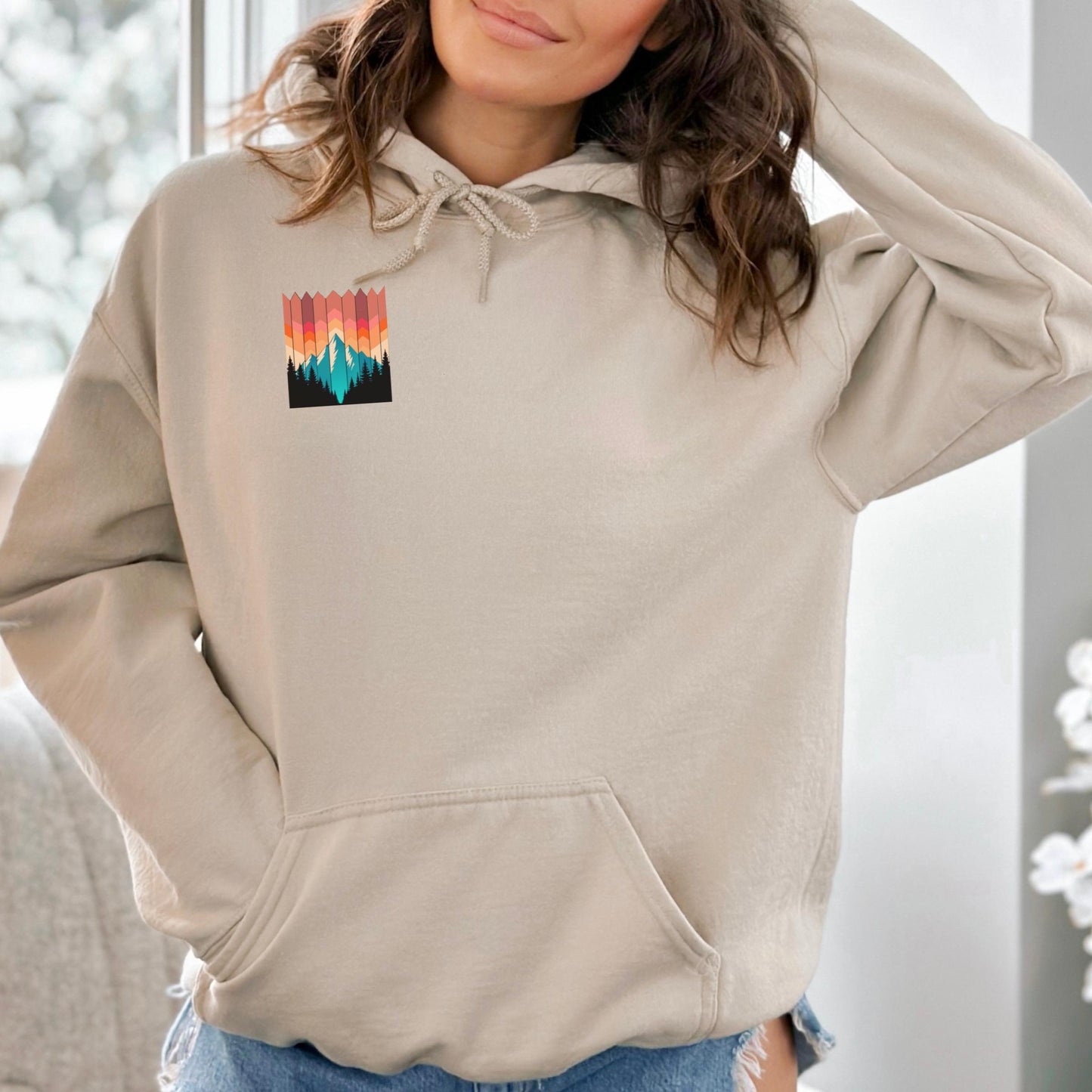 Hike More, Worry Less Hoodie with beautiful Mountain Graphic - Front and back Printed Sweatshirt