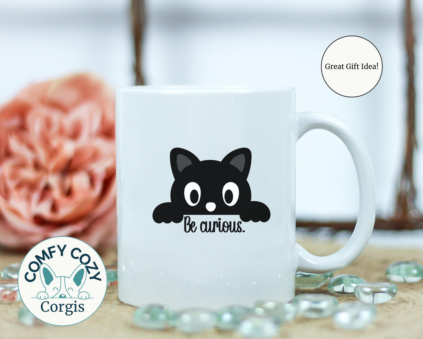 Be Curious peeking cat mug - Great for coffee and cat lovers alike!